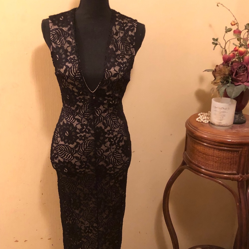 Lace backless evening gown with plunging neckline